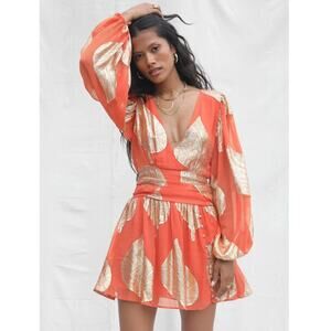 Jen's Pirate Booty Gold Leaf‎ Lapis Mini Dress Orange V-Neck Long Sleeve Sz S